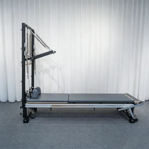 Premium Studio Pilates Reformer with Full Aluminum Sliding Rail & Stainless Steel Half Trapeze Tower (Silver)